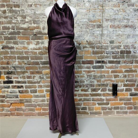 Betsy & Adam Formal Evening Gown Women Size 10 Brown Satin Halter Neck Dress - Picture 5 of 13
